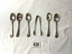 FIVE HALLMARKED SILVER EARLY TEA SPOONS WITH SHELL BOWLS, AND A PAIR OF HALLMARKED SILVER SUGAR