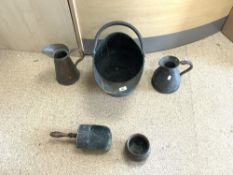 VICTORIAN COPPER COAL SCUTTLE AND SHOVEL, TWO VICTORIAN COPPER WATER JUGS, AND A COPPER POT