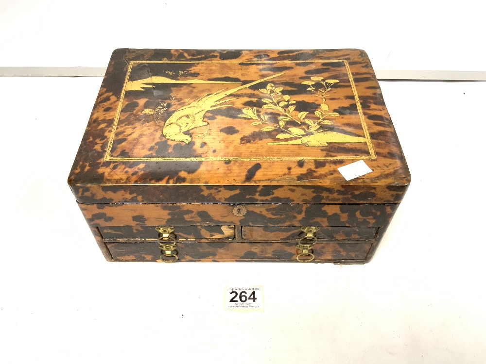 VICTORIAN TORTOISE SHELL VANITY BOX, WITH THREE DRAWERS AND FITTED INTERIOR (A/F), 30 X 14CMS