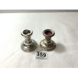 TWO SQUAT HALLMARKED SILVER CANDLESTICKS, 6CMS