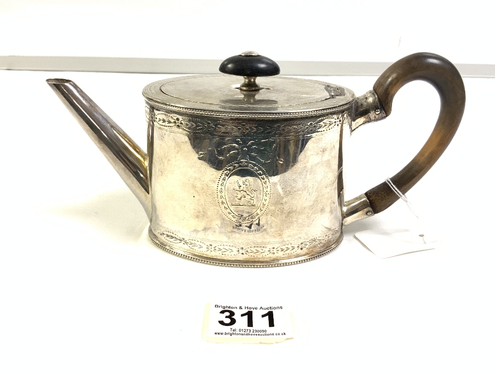 GEORGE III HALLMARKED SILVER ENGRAVED OVAL TEA POT - MARKS RUBBED, 387 GRAMS