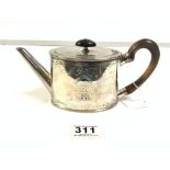 GEORGE III HALLMARKED SILVER ENGRAVED OVAL TEA POT - MARKS RUBBED, 387 GRAMS