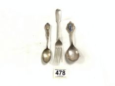HALLMARKED SILVER DESERT FORK, STERLING SILVER SPOON, AND A NORWEGIAN WHITE METAL AND ENAMEL CADDY