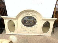 LARGE OVERMANTLE MIRROR WITH A CIRCULAR CLASSICAL SCENE AND TWO OVAL MIRRORS, 155 X 82CMS
