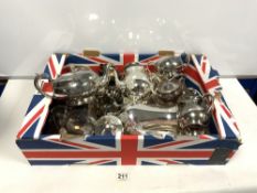 TWO SILVER-PLATED TEA SETS, PLATED CAKE BASKET, AND QUANTITY OF OTHER PLATED WARES