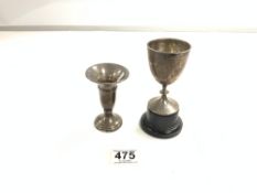 HALLMARKED SILVER TRUMPET-SHAPED VASE, 9.5CMS, AND A SMALL HALLMARKED SILVER TROPHY CUP, 9CMS (