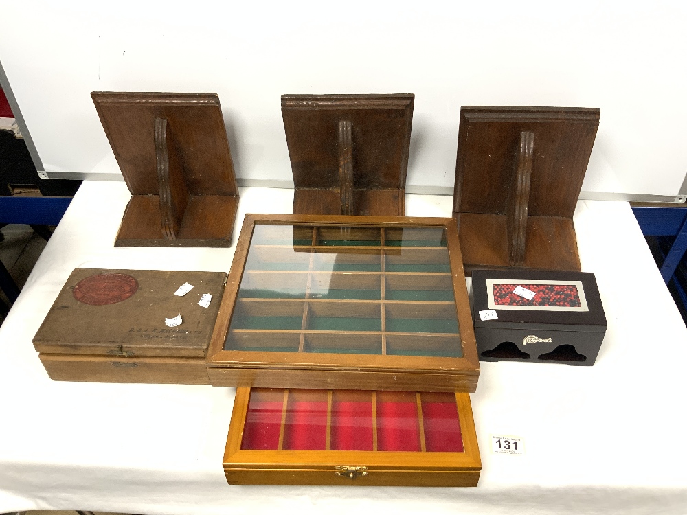 TWO GLAZED COLLECTORS CABINETS, A SET OF THREE OAK WALL BRACKETS, AND TWO JEWELLERY BOXES