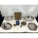 SILVER-PLATED COIN BORDERED DISH, PLATED ENTRE DISH AND OTHER PLATED WARES