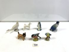 TWO BESWICK DOGS PLUS FIVE VARIOUS BIRDS, ROYAL COPENHAGEN, LLADRO AND BESWICK, SOME FAULTS