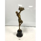 1920'S ART DECO BRONZE EFFECT SPELTER NUDE LADY FIGURE DANCER LAMP ON A BLACK MARBLE BASE, 53CMS