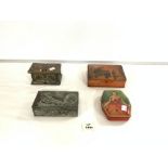 SMALL ANTIQUE METAL BOUND OAK BOX, JAPANESE DESIGN LACQUERED PEN BOX, HORNER TIN, AND AN ANTIMONY