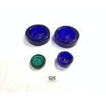 THREE SWEDISH BLUE GLASS AND ONE GREEN GLASS EMBOSSED DISHES BY REIJMYRE - SWEDEN, 1960S