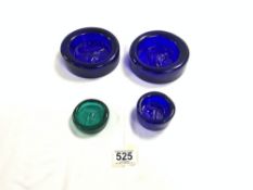 THREE SWEDISH BLUE GLASS AND ONE GREEN GLASS EMBOSSED DISHES BY REIJMYRE - SWEDEN, 1960S