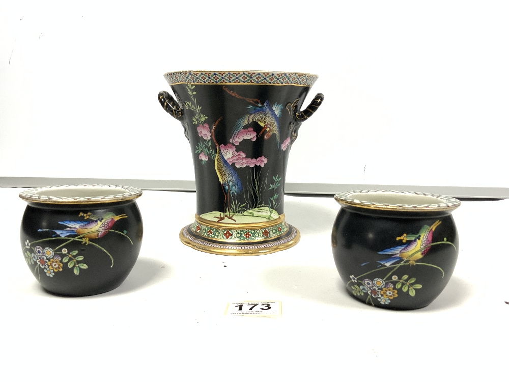 GETAM WARE BLACK GROUND TWO HANDLED VASE DECORATED WITH EXOTIC BIRDS AND BLOSSOM, 19CMS AND A PAIR - Image 2 of 5