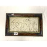 RECTANGULAR MARBLE EFFECT RELIEF PLAQUE DECORATED WITH CHERUBS AND A LION, 15 X 330CMS IN A BURR