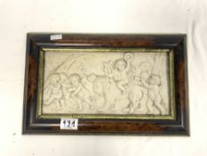 RECTANGULAR MARBLE EFFECT RELIEF PLAQUE DECORATED WITH CHERUBS AND A LION, 15 X 330CMS IN A BURR