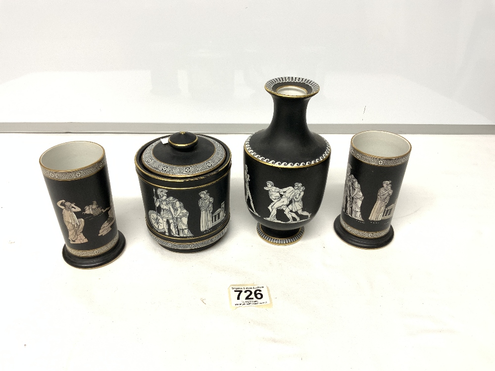 FOUR FENTON - OLD GREEK PATTERN PR SPILL VASES, SINGLE VASE AND POT WITH COVER - Image 2 of 6