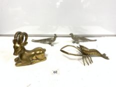 BRASS FIGURE OF A RAMM, A BRASS FIGURE OF A CRAYFISH, AND A PAIR OF PLATED PHEASANTS