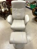 GREY/BROWN LEATHER RECLINING ARMCHAIR WITH MATCHING STOOL