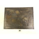 A LATE 19TH CENTURY JAPANESE BRONZE PANEL WITH APPLIED CRANE BIRD DECORATION AND ENGRAVING, 40.5 X