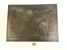 A LATE 19TH CENTURY JAPANESE BRONZE PANEL WITH APPLIED CRANE BIRD DECORATION AND ENGRAVING, 40.5 X