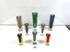 EIGHT MURANO GLASS SOMMERSO VASES - VARIOUS COLOURS, THE TALLEST 25CMS (SOME CHIPS)
