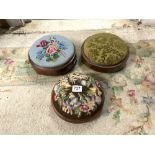 A PAIR OF VICTORIAN CIRCULAR FOOTSTOOLS ON BUN FEET, AND A MODERN TAPESTRY CIRCULAR FOOTSTOOL