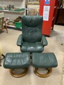 NORWAY EKORNES GREEN LEATHER RECLINING ARMCHAIR WITH TWO FOOTSTOOLS ONE FOR EACH FOOT