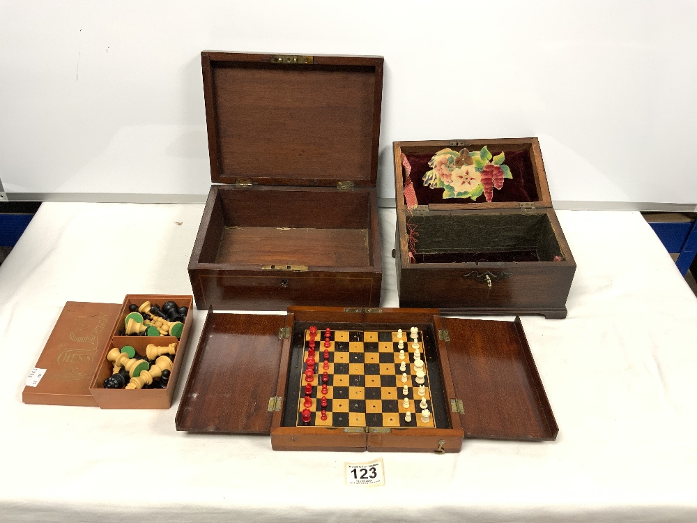 GEORGIAN MAHOGANY TEA CADDY, VICTORIAN MAHOGANY TRAVELLING CHESS SET, INLAID MAHOGANY BOX AND A