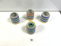 THREE GRAYS POTTERY MULTICOLOUR STORAGE JARS, WITH ONE OTHER 12CMS