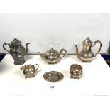 FOUR PIECE PLATED TEA AND COFFEE SET, AND EMBOSSED FLORAL DETAIL PLATED COFFEE POT, AND PLATED BON