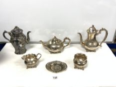 FOUR PIECE PLATED TEA AND COFFEE SET, AND EMBOSSED FLORAL DETAIL PLATED COFFEE POT, AND PLATED BON