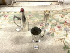 SILVER-PLATED BEATEN CHAMPAGNE FLUTE, TANKARD, AND PLATED BOTTLE HOLDER