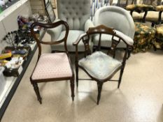 EDWARDIAN CORNER CHAIR WITH A ROSEWOOD BEDROOM CHIAR WITH FLUTE LEGS