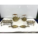 TWO BRASS KETTLES, AND FOUR BRASS TRIVETS