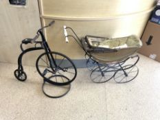 VINTAGE STYLE CHILDS PENNY FARTHING BICYCLE AND A DOLLS PRAM
