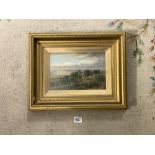 HENRY HARRIS LINES 1801-1889, GILT FRAMED OIL OF CHURCH/COASTAL LANDSCAPE - SIGNED, 30 X 20CMS (