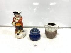 ROYAL DOULTON BLUE GLAZED POSY HOLDER, A STAFFORDSHIRE TOBY JUG BY A E GRAY & CO, 28CMS AND A TWO