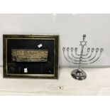 CHROME MENORAH STAR OF DAVID CANDELABRA, 29CMS AND A PLATED MOUNTED RELIEF PLAQUE OF JERUSALEM