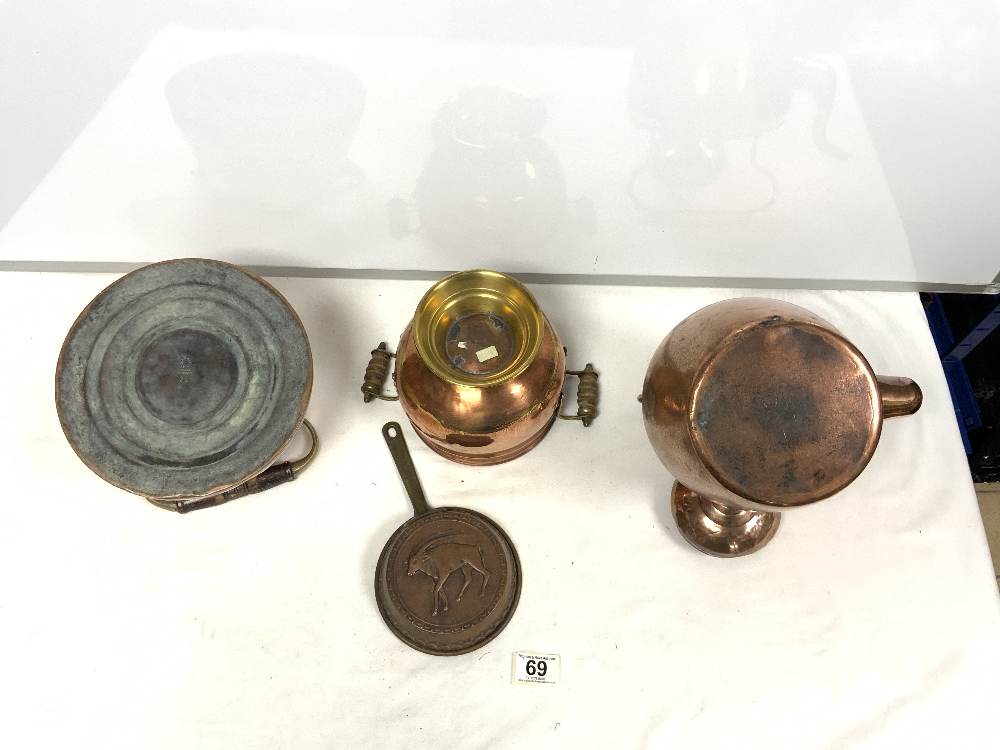 TWO VICTORIAN COPPER KETTLE'S, SMALL SAUCEPAN AND TWO HANDLE COPPER VASE - Image 3 of 4