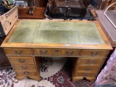 VINTAGE KNEEHOLE WRITING DESK WITH GREEN TOOLED LEATHER
