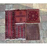 RED GROUND BAKARA RUNNER RUG, 190 X 64CMS AND FOUR OTHER PERSIAN RED GROUND RUGS