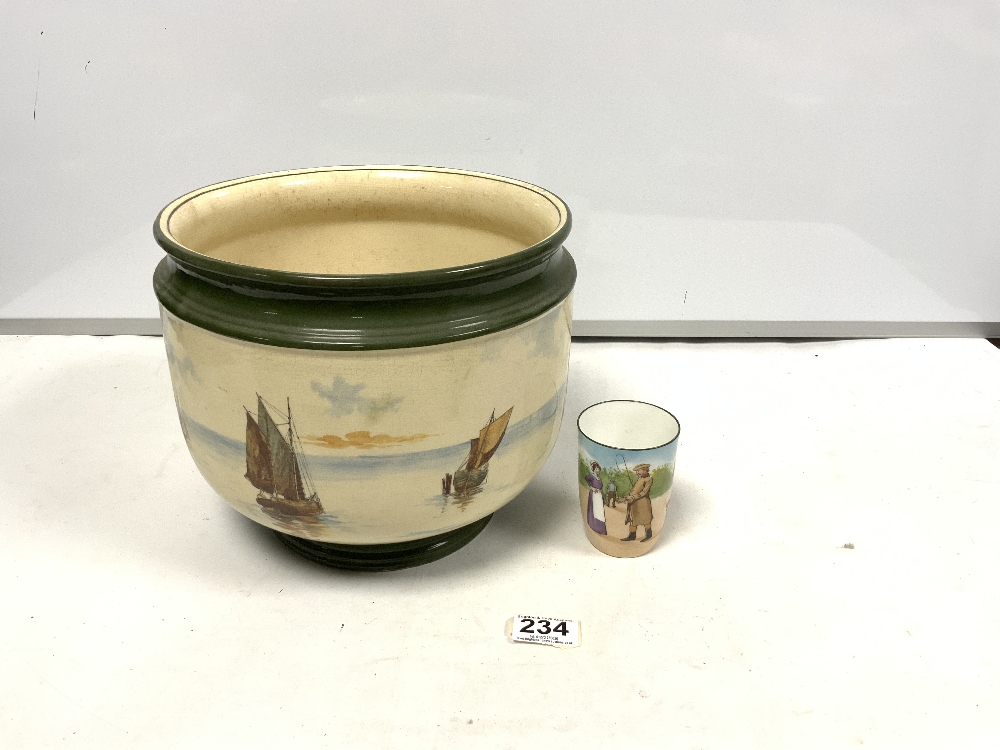 ROYAL DOULTON JARDINIERE WITH SAILING BOATS DECORATION, 25 X 23CMS, AND SMALL ROYAL DOULTON BEAKER