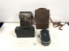 VINTAGE AGFA MOUEX - CINE CAMERA IN BROWN LEATHER CASE, AND A VINTAGE KODAK CINE CAMERA - MODEL JB