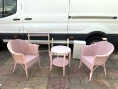 TWO PINK LLOYD LOOM CHAIRS, LLOYD LOOM CIRCULAR TABLE, LINEN BOX, PAINTED HANGING SHELVES, PAINTED