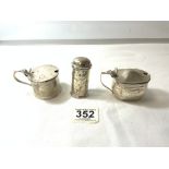 THREE PIECES OF CONDIMENTS, PEPPER AND MUSTARD POTS, ALL HALLMARKED SILVER (SLIGHTLY RUBBED) WITH