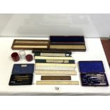 TWO SETS OF DRAWING INSTRUMENTS IN CASES, FOLD RABONE METER RULE, TWO SETS OF RULERS IN FITTED