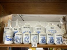 A COLLECTION OF DUTCH BLUE AND WHITE STORAGE KITCHEN JARS FOR SPICE, HERBS, ETC