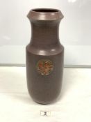 GUSTAVSBERG POTTERY BROWN GLAZED VASE WITH CIRCULAR RAISED MOTIF DECORATION, 38.5CMS WITH MONOGRAM