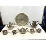 TWO SILVER-PLATED TEA/COFFEE SETS AND A CIRCULAR PLATED DRINKS TRAY